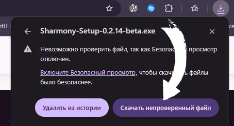 Меню Chrome с кнопкой «Скачать непроверенный файл»